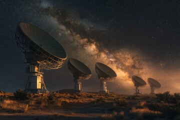 Futuristic satellite array under vast Milky Way sky, moonlight illuminating dishes