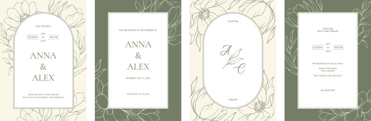 Naklejka na ściany i meble Luxury arch wedding invitation card, label with golden botanical leaves, flowers. Abstract floral art background vector design for wedding, business, birthday, postcards, covers. Line art style.