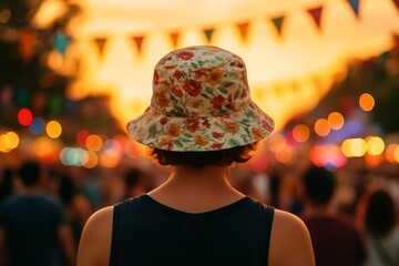 Person wearing a floral hat enjoying a vibrant festival atmosphere during sunset with colorful lights