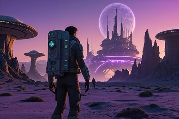 A Captivating Scene of an Explorer Before an Extraterrestrial City at a Violet Sunset