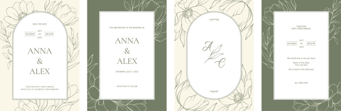 Luxury arch wedding invitation card, label with golden botanical leaves, flowers. Abstract floral art background vector design for wedding, business, birthday, postcards, covers. Line art style. - Powered by Adobe