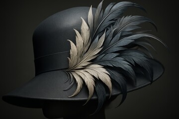 Elegant black hat adorned with striking feathers displayed against a dark background