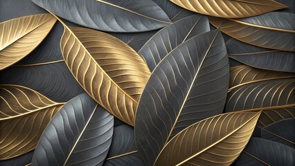 Elegant Gold and Gray Leaves Abstract Nature Background Texture, Luxurious Botanical Design, Premium Wallpaper, High-Resolution Image, Decorative Foliage, Modern Art Print