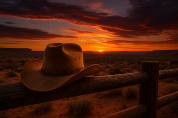 Cowboy hat resting on wooden fence during sunset in the desert