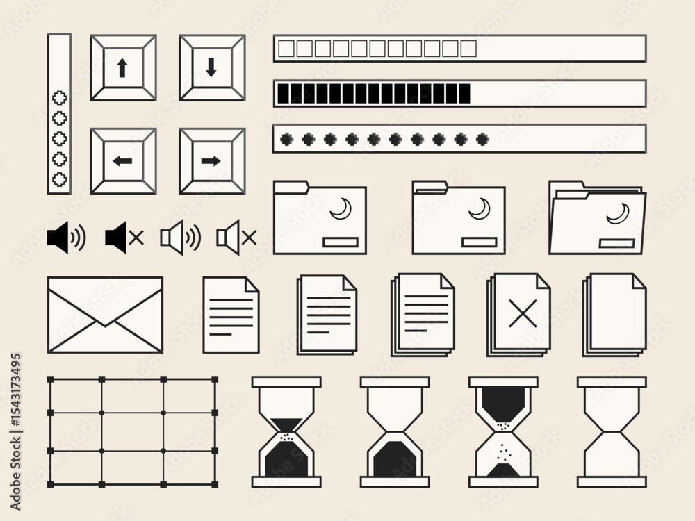 Poster set of retro computer interface design elements, buttons, documents and folders symbols, interfaces 