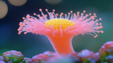 Delicate pink flower with vibrant yellow center, intricate details