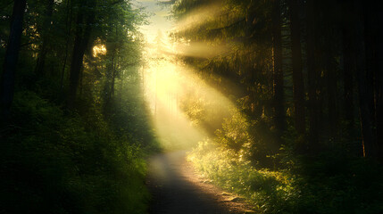 Fototapeta premium A summer path through alpine forests, with rays of sunlight filtering through the canopy, leading to a serene mountain lake.