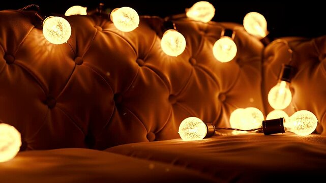 Warm String Lights on Tufted Leather Couch Illuminate a Cozy and Festive Ambiance