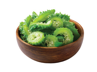 Bitter gourd Sliced wooden bowl isolated on transparent or white background
