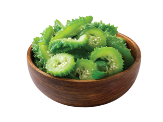 Bitter gourd Sliced wooden bowl isolated on transparent or white background

