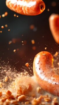sausage Scattered in the Air Fastfood background fire