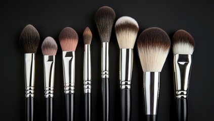 Various makeup brushes arranged in a row on a black background.  Different brush shapes and sizes.  Brushes are professional-quality, with silver-toned ferrules and black handles