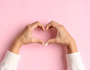 Fototapeta premium 両手でハートを作っている女性の手 バレンタイン ラブ ピンク背景