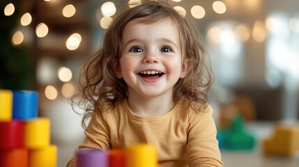 A cheerful toddler plays with colorful building blocks, showcasing innocence and creativity amidst a warm, playful atmosphere filled with joy.