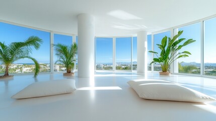 A bright and airy interior space with large windows, featuring minimalistic decor and lush greenery, highlighting tranquility and modern design aesthetics.