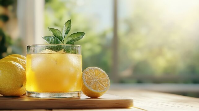 A refreshing glass of lemonade garnished with mint leaves sits on a wooden table, surrounded by fresh lemons, capturing the essence of summer and outdoor relaxation.