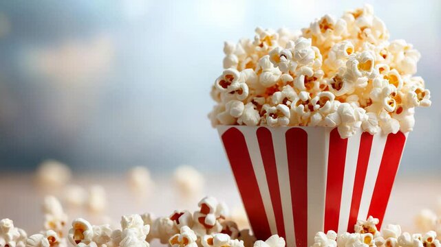 Fresh popcorn overflowing from red and white striped box with blurred background