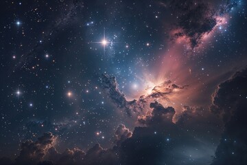 Obraz premium Astrophysical Scene with Stars, Nebula, and Cosmic Light in a Dark Sky