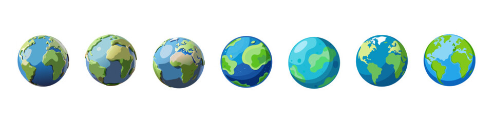 Planet Earth in a cartoon. World Globe set. Earth day or environment conservation concept. Save green planet concept