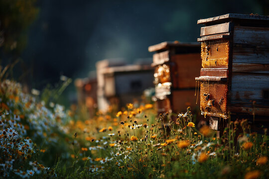Drewniane ule stojące w rzędzie na słonecznej łące pełnej kwitnących kwiat&oacute;w. Sielski obraz pasieki, symbol pracy pszcz&oacute;ł i naturalnego miodu.