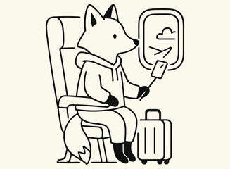  Minimalist Line Art Fox Taking a Selfie on Airplane Seat with Luggage