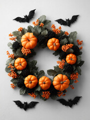 Wianek z pomarańczowych dyń, czarnych kulek i jagód, ozdobiony latającymi nietoperzami na białym tle. Idealna dekoracja na Halloween.