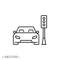 car with traffic light icon, traffic light concept, thin line symbol isolated on white background, editable stroke eps 10 vector illustration