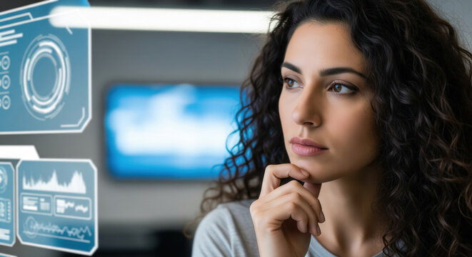 Curly haired woman thoughtfully looking at transparent digital interface with data visualizations, representing analysis, decision making, and technology.