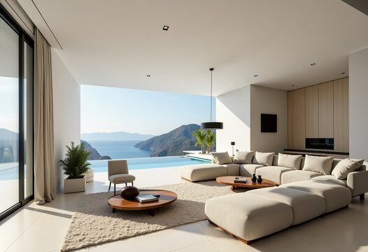 Bright and airy living room features a spacious layout with contemporary furniture. Large windows offer breathtaking views of the tranquil ocean and distant mountains at dawn Generative AI