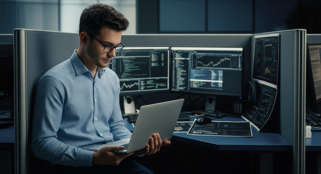Software developer using a laptop in a modern office workspace, surrounded by monitors displaying code and data graphs.