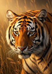 Fototapeta premium Fierce wild tiger moving stealthily through tall golden grass, bathed in warm evening sunlight.