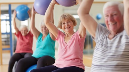 Active Seniors Fitness Class: Happy senior adults participating in a fitness class, using exercise balls. Smiling faces show the joy of healthy aging and active lifestyle. AI image.