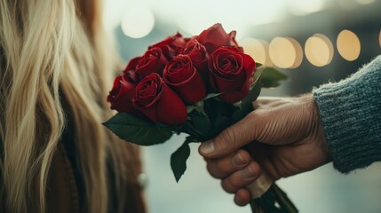 A close-up of a hand extending a vibrant bouquet of red roses towards a loved one, conveying emotions of love, affection, and romantic expression in a heartfelt moment.