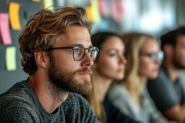 Business conference in an organization, close-up of a group of marketing staff meeting and brainstorming in an office, sharing ideas for business growth., Generative AI