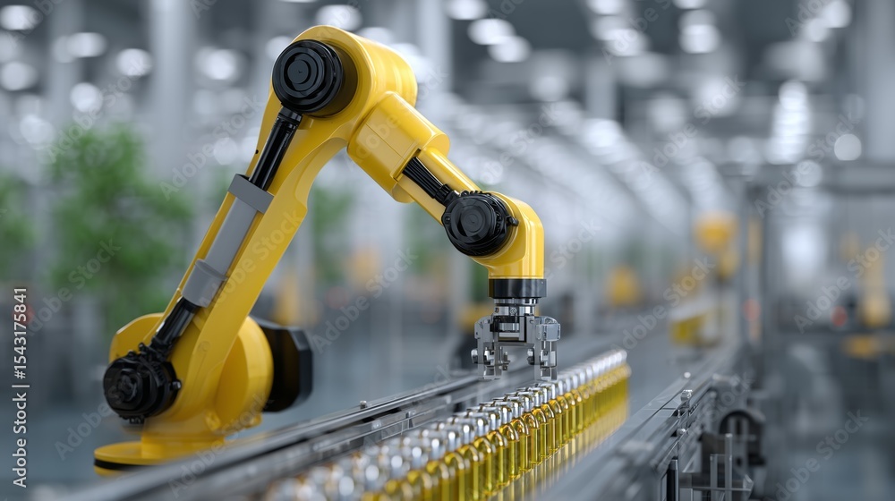Aufkleber A highly advanced robot arm equipped with navigation technology is precisely handling cargo items in a state-of-the-art transportation facility. The environment showcases modern design elements.