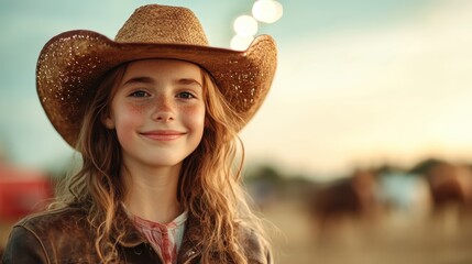 A cheerful young girl wearing a cowboy hat stands in a sunset-lit setting, embodying the spirit of youth and adventure in a rustic, outdoor environment.