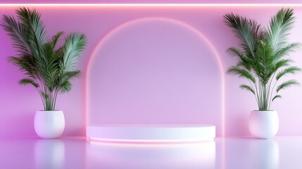 A stylish modern interior with a pink backdrop and decorative plants showcases a tranquil, elegant design perfect for relaxation and aesthetic appeal.