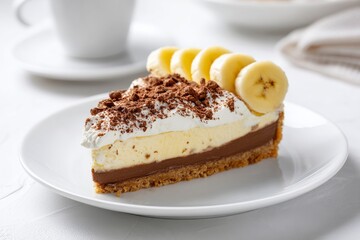 Delicious banoffee chocolate tart slice with cream and fresh banana for popular dessert.