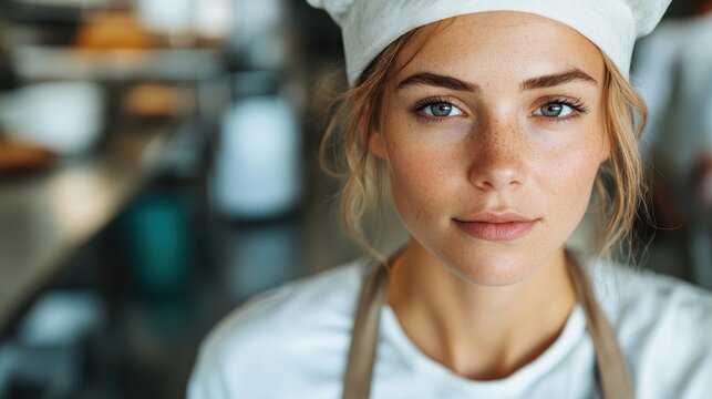 A young chef, with a focused expression and wearing a white chef hat and apron, gazes confidently into the camera of a bustling kitchen, symbolizing passion for culinary arts.