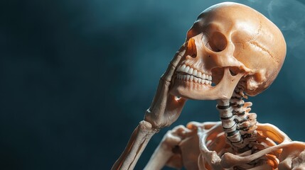 A creatively posed skeleton rests its chin on its hand, provoking thought and reflection on life and mortality against a moody, dark backdrop full of intrigue.