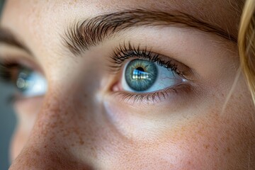 Fototapeta premium Optimizing vision by contact lenses, close-up of a womans face during the insertion of contact lenses into her eyes for clear vision., Generative AI