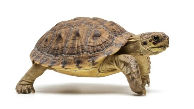 Tortoise in Motion: A captivating image of a tortoise captured in mid-stride against a pristine background, emphasizing its textured shell and focused gaze. 