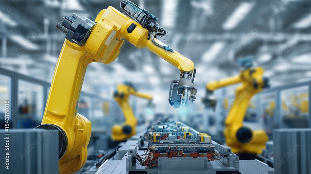 Poster robotic arms in production: dynamic view of automated assembly line showcasing high-tech robotic arm