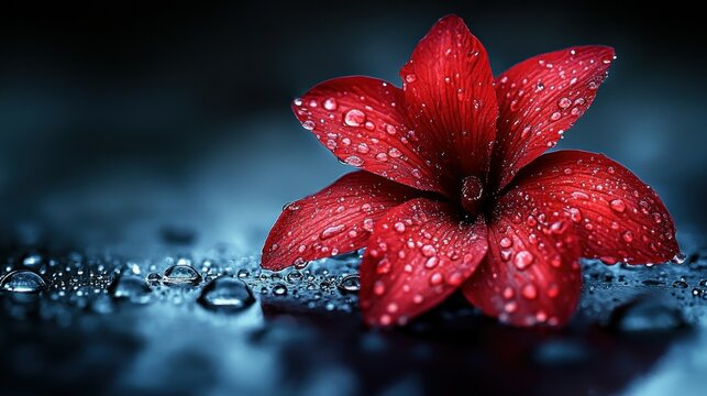 Dew-kissed red flower on dark, reflective surface