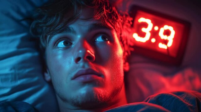 A young man suffering from insomnia stares wide-eyed at the ceiling in bed as a red digital clock glows in a dark room