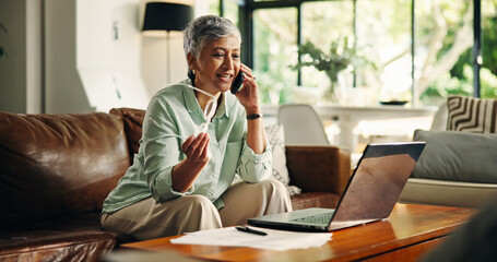 Phone call, laptop and mature woman in home with communication for pension, planning and funds....