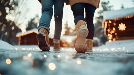This heartwarming image captures a couple walking hand in hand on a snowy path, warmly lit by glowing lights, evoking feelings of love, companionship, and winter joy.