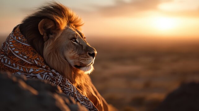 A majestic lion gazes into the distance during sunset, adorned in a beautifully patterned shawl, evoking a sense of pride and serenity in nature's embrace.