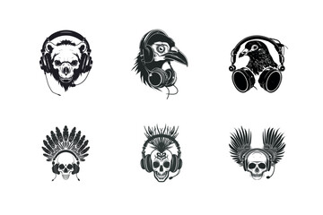 Six animal and skull silhouettes with headphones