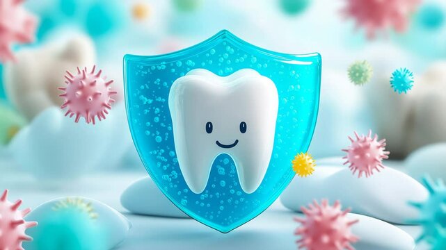 Cute smiling tooth protected by a blue shield against colorful bacteria and viruses symbolizing dental hygiene and oral health care
